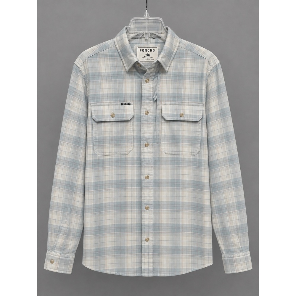 Poncho Outdoors Mens Small Slim Fit Blue Plaid Fishing Shirt Magnetic Pockets LS